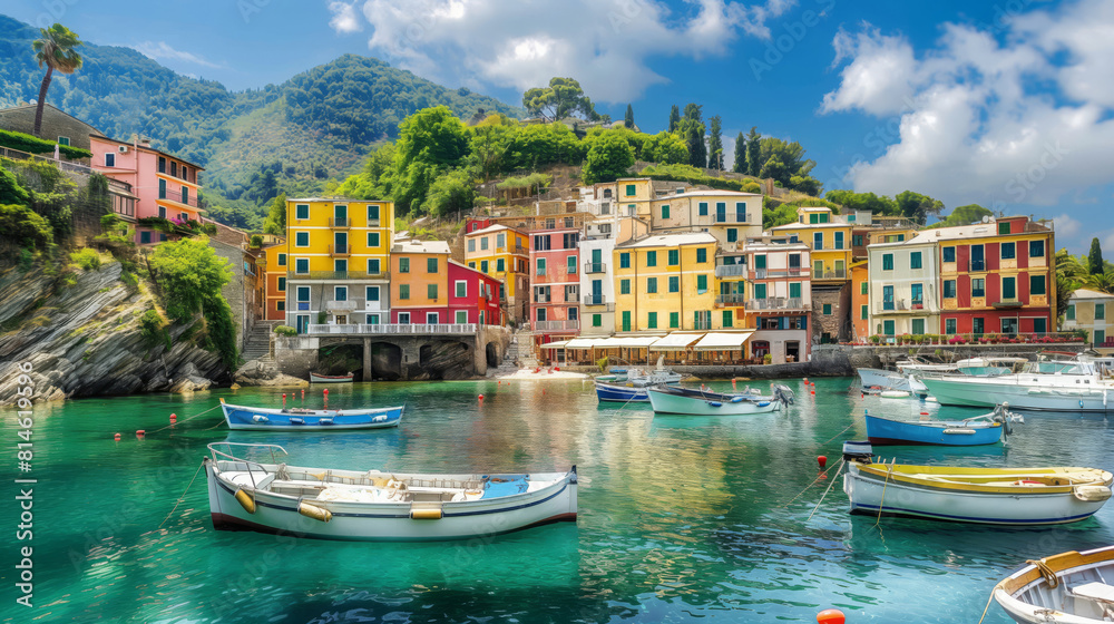 Fototapeta premium Picturesque view of a quaint seaside town, showcasing colorful buildings and tranquil harbor with boats
