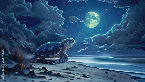 Sea Turtle Nesting at Night, Generative AI photo