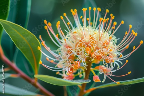 Detailed view of a Hakea flower blooming on a tree branch, showcasing its intricate petals and vibrant colors under natural lighting. photo