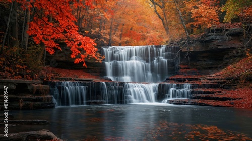 Experience the serene and tranquil beauty of a majestic waterfall in the vibrant autumn forest landscape. Surrounded by foliage. Trees. And cascading water