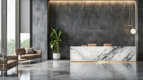 A sleek and modern office lobby featuring a marble counter and several chairs for visitors. The space is well-lit and designed in a contemporary style.