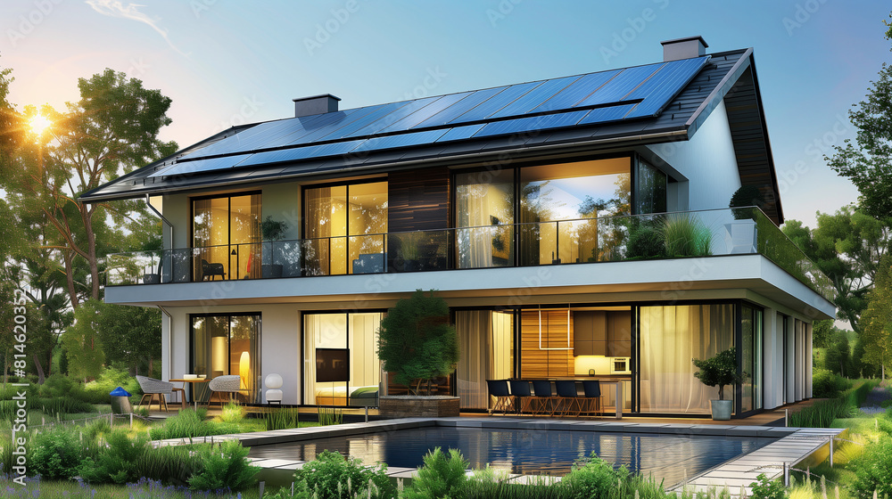 Fototapeta premium A serene, smart home architecture with solar panel energy system, this luxurious home features modern design and a beautiful pool in a landscaped setting.