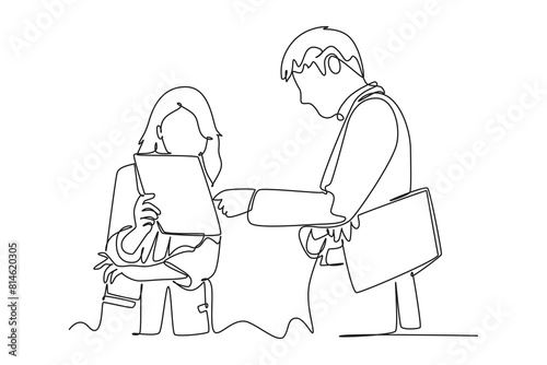 One continuous line drawing of client and customer concept. Doodle vector illustration in simple linear style.