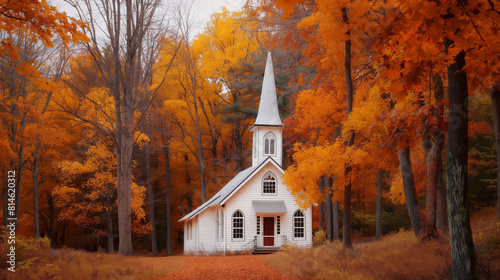 Picturesque white country church nestled within vibrant autumn trees