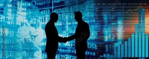 Silhouetted business people shaking hands in front of a futuristic stock market display with graphs and data, suitable for economic summits or corporate backgrounds.