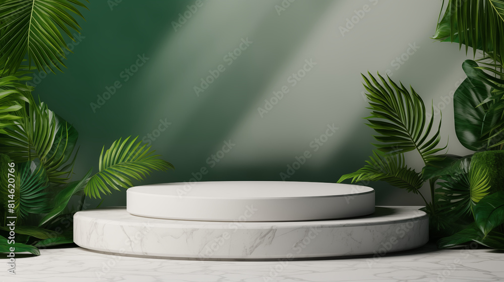 Podium de présentation rond avec feuilles tropicales. Couleur blanc et vert. Nature et plante. Beauté, cosmétique, bien-être. Pour conception et création graphique. Podium de présentation rond avec feuilles tropicales. Couleur blanc et vert. Nature et plante. Beauté, cosmétique, bien-être. Pour conception et création graphique.