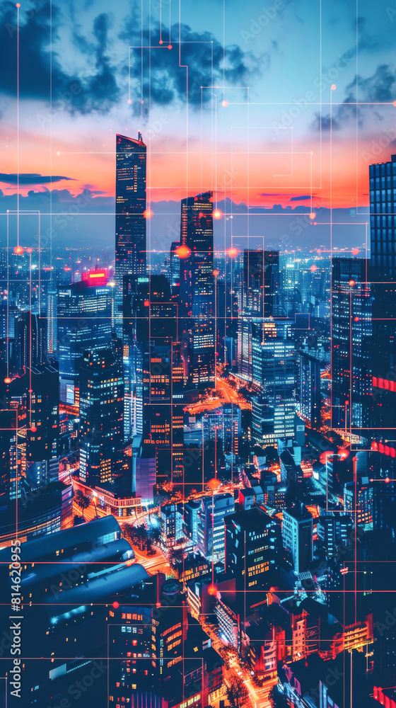 Fototapeta premium A city skyline at night with a red sun in the background