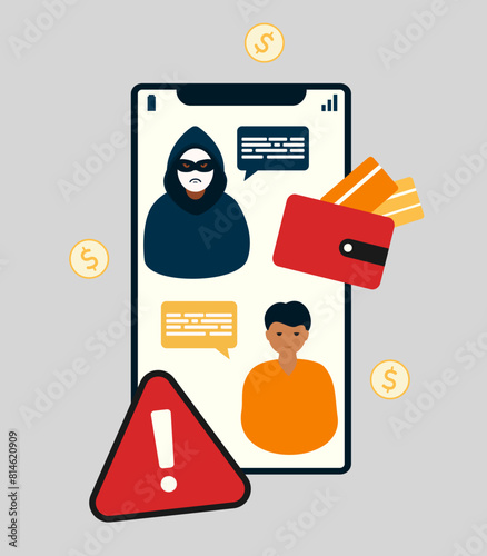 Phone phishing poster, flyer, banner. Conceptual illustration of financial scammer, cyber thief. Criminal with a phone on screen. Prohibition sign. 