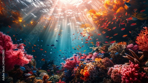 A vibrant underwater scene with sunlit coral reefs and bustling marine life