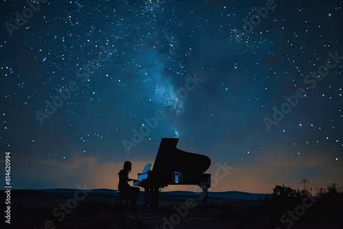 A woman is playing a piano in a field at night