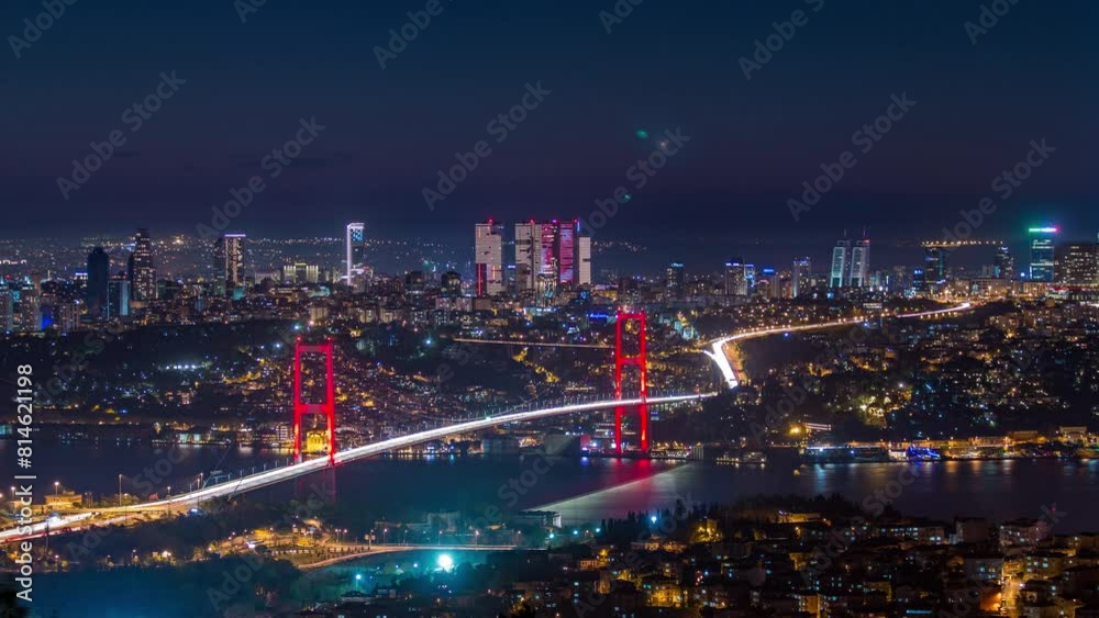Istanbul city skyline cityscape time lapse from day to night aerial view of bosphorus bridge (15th July Martyrs Bridge) and financial business center from Camlica hill. Traffic on the bridge and ship