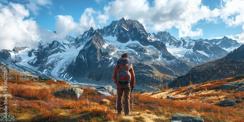 Lone hiker standing in front of a panorama in the mountains