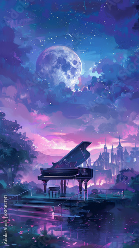 A piano is in a field with a moon in the sky