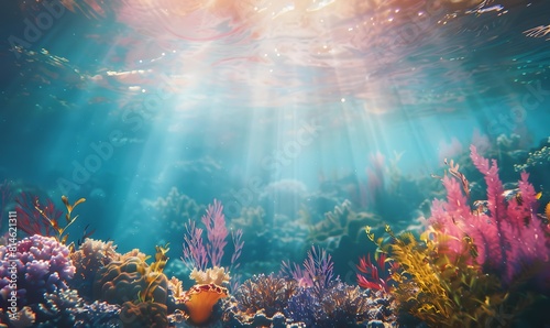 underwater scene with corals and plants in the water, Generative AI