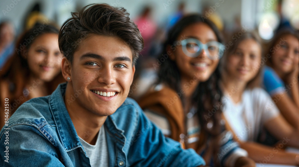 Smiling student sitting in class. Education at school or university. Boy student in the audience. Process of learning and education. Teenager in class Smiling student sitting in class. Education at school or university. Boy student in the audience. Process of learning and education. Teenager in class