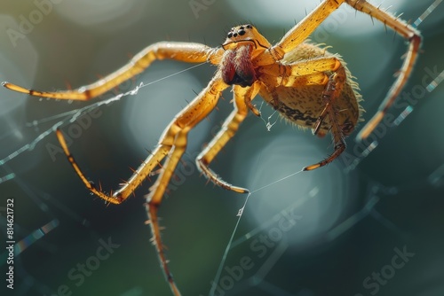 A detailed view of a Brazilian Wandering Spider perched on its web, showcasing its intricate body and legs against a blurred background. photo