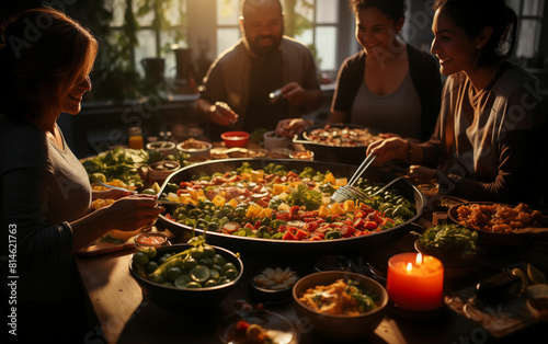 Festive celebration around a table full of food. Generative AI