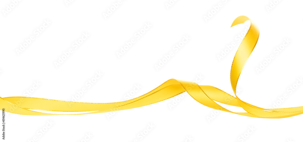 Gold Yellow ribbon long straight fly in air with curve roll shiny. Golden yellow ribbon for present gift birthday party to wrap around decorate and curl curve long straight. White background isolated Gold Yellow ribbon long straight fly in air with curve roll shiny. Golden yellow ribbon for present gift birthday party to wrap around decorate and curl curve long straight. White background isolated