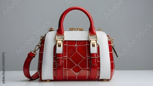 Isolated on a translucent white background, a set of stylish women's handbags featuring red and white leather, many shapes and tints, and luxury, magnificent handbags for females photo