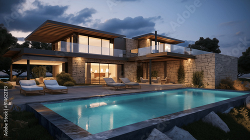 Maison d'architecture moderne, villa de luxe avec piscine extérieure. Arrière-plan pour conception et création graphique. © FlyStun