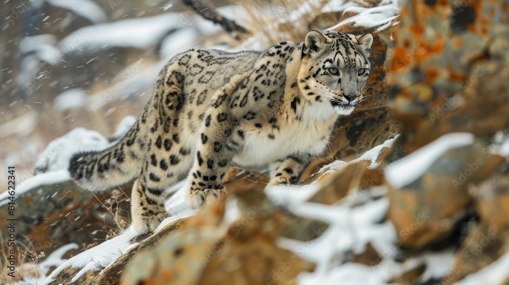 A snow leopard is seen walking along a rocky hillside, blending in with its surroundings. The graceful feline moves stealthily, its fur patterned beautifully against the rocky terrain. A snow leopard is seen walking along a rocky hillside, blending in with its surroundings. The graceful feline moves stealthily, its fur patterned beautifully against the rocky terrain.