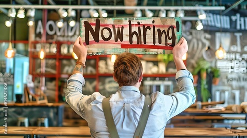 Man Holding "Now Hiring" Sign in Cafe