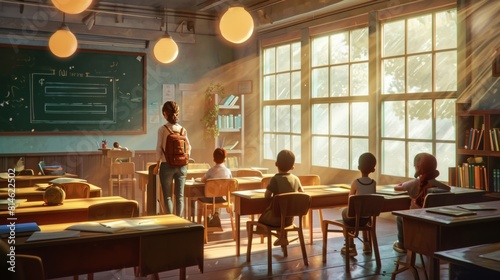 Generative AI Teacher in classroom  chalkboard and textbooks  engaged students  warm lighting  realistic school scene