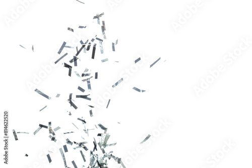 Silver Confetti Foil fall splashing in air. Silver Confetti Foil explosion flying  abstract cloud fly. Many Party glitter scatter in many group. White background isolated high speed shutter freeze