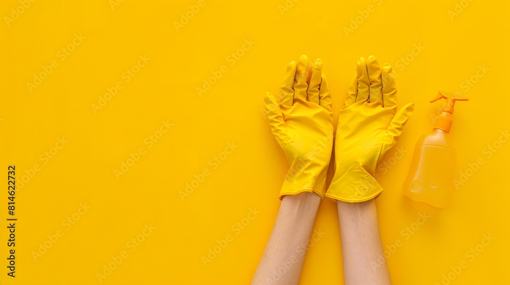 Hands in yellow rubber glover turned up with transparent bottle of cleaning spray on the yellow background. Banner with copy space Hands in yellow rubber glover turned up with transparent bottle of cleaning spray on the yellow background. Banner with copy space