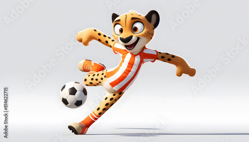 Dynamic 3D Caricature of Cheetah Playing Soccer  Animated Mid-Kick Pose  Cheetah Soccer Player 3D Caricature  Dynamic Pose  Mid-Kick Animation