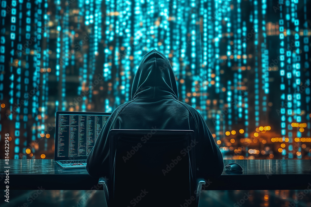A hooded hacker sits at a desk with a laptop, surrounded by digital code and data streams. A high-tech computer setup in a dark room shows the silhouette of the hacker figure. A hooded hacker sits at a desk with a laptop, surrounded by digital code and data streams. A high-tech computer setup in a dark room shows the silhouette of the hacker figure.