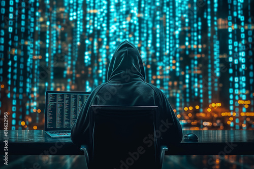 A hooded hacker sits at a desk with a laptop, surrounded by digital code and data streams. A high-tech computer setup in a dark room shows the silhouette of the hacker figure. 
