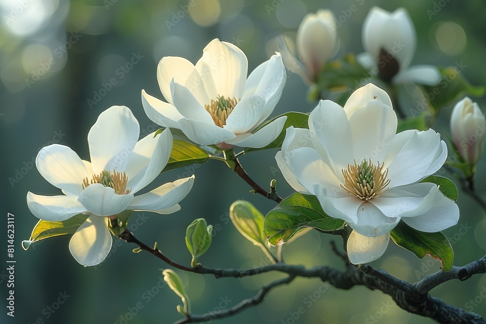 Obraz premium Magnolia Tree in Bloom: Large white flowers against glossy green leaves. 