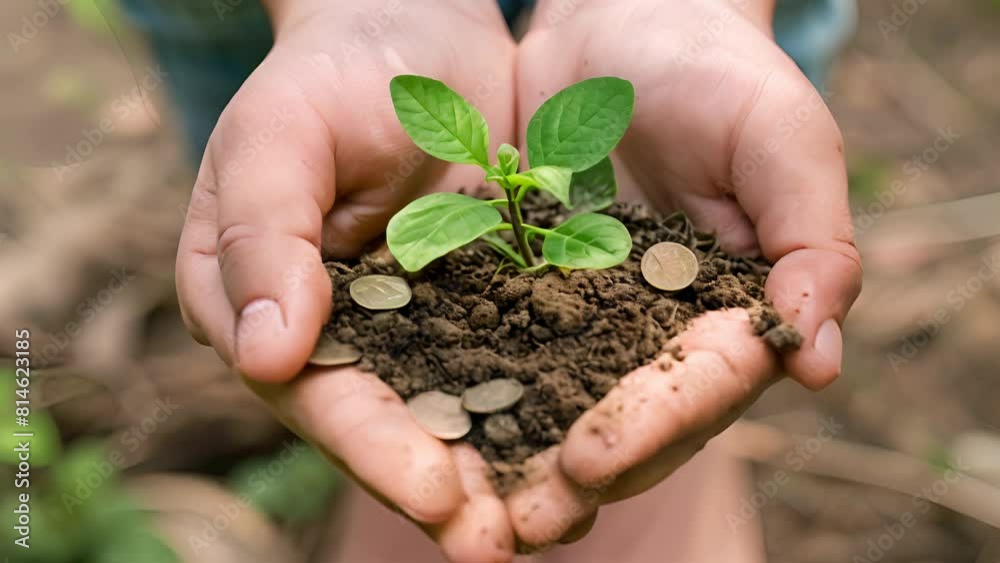 Hands holding a small plant growing among coins, symbolizing investment and growth Hands holding a small plant growing among coins, symbolizing investment and growth