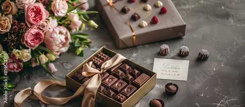 Beautifully wrapped box of chocolates with a ribbon, placed on a table next to a bouquet of flowers and a handwritten card.World chocolate day concept