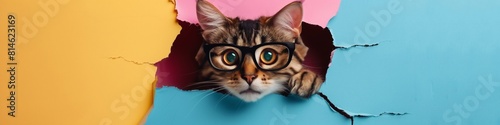 A cute cat looks through a ripped hole, a colorful paper background, and wearing glasses comes out tearing the colorful paper. Generated by AI