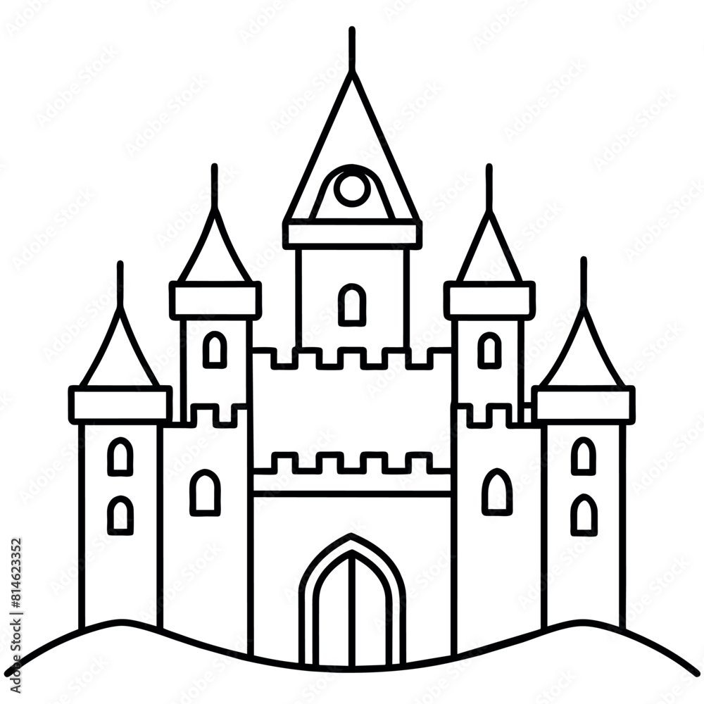 Royal Castle outline coloring book page line art illustration digital drawing