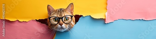 A cute cat looks through a ripped hole, a colorful paper background, and wearing glasses comes out tearing the colorful paper. Generated by AI © ibrahim