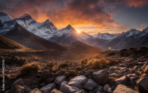 Sunrise at Mount Everest Base Camp, Nepal, towering peaks, adventurous spirit, high altitude photo