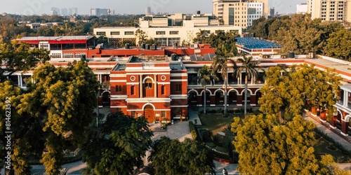 the aerial photo shows a very large school building with trees and a bus