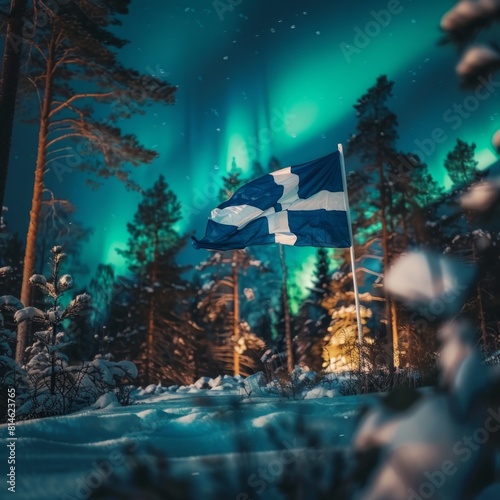 Swedish flag waving in the snow under the mesmerizing aurora borealis. photo