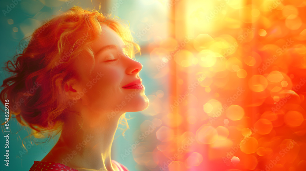 A woman with red hair is smiling and looking out the window A woman with red hair is smiling and looking out the window