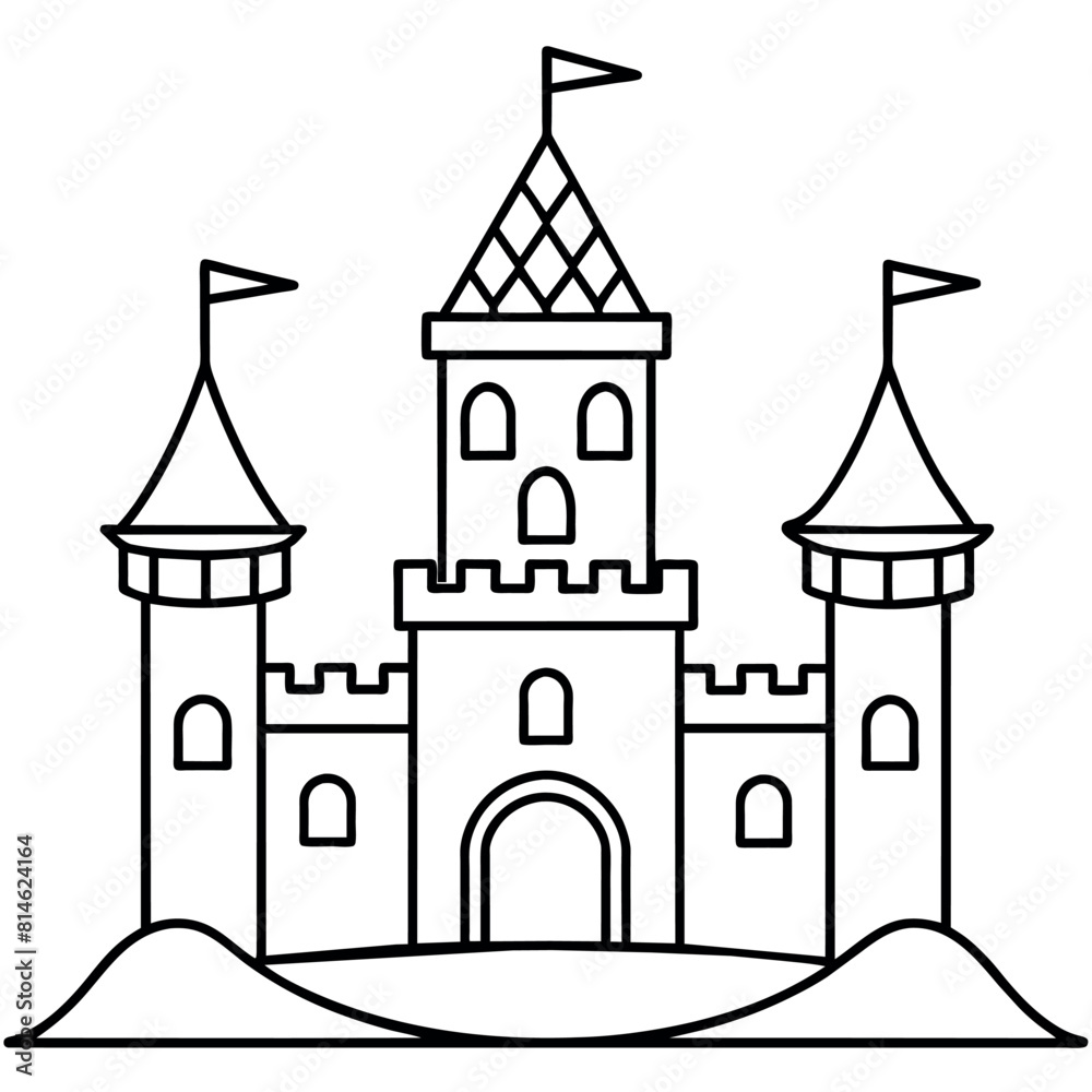 Royal Castle outline coloring book page line art illustration digital drawing