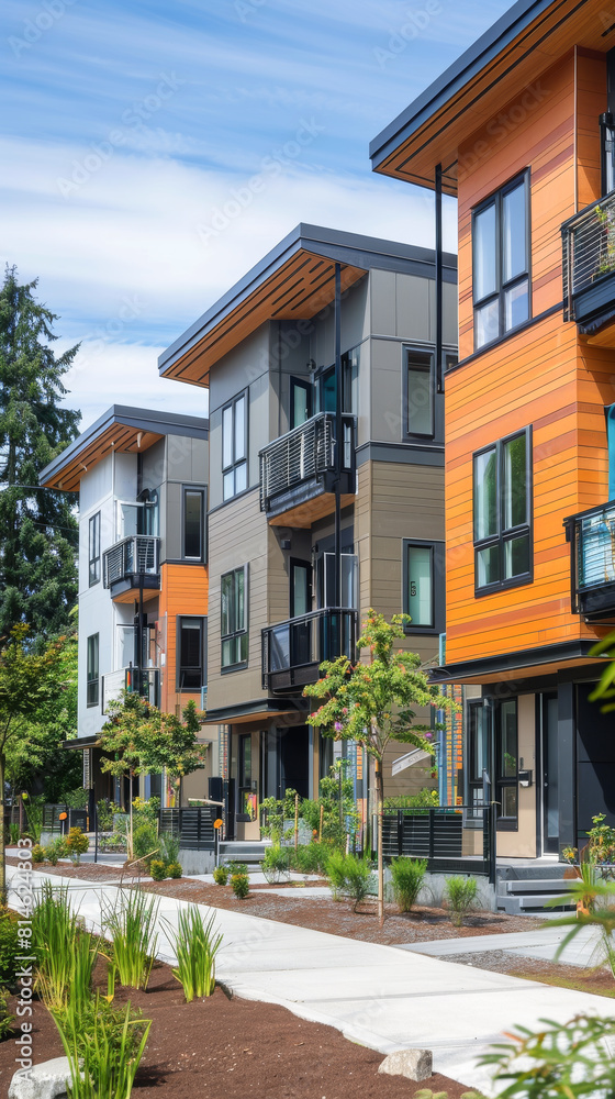 A row of apartment buildings with a green tree in front of them A row of apartment buildings with a green tree in front of them
