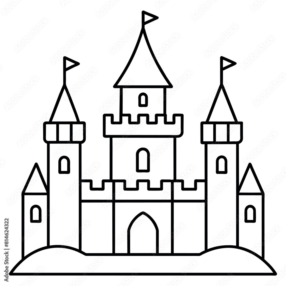 Royal Castle outline coloring book page line art illustration digital drawing