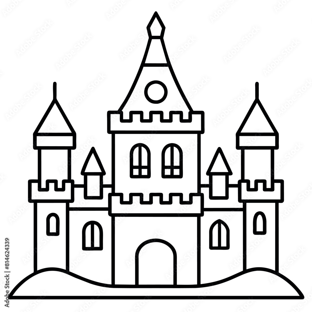 Royal Castle outline coloring book page line art illustration digital drawing