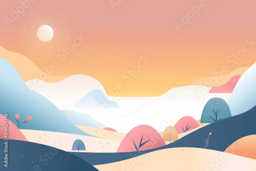 Serene landscape with colorful hills and a gentle sunset