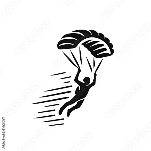 Black and white illustration of a person skydiving captured in a moment of free fall. Grafic symbol for adventure and fun