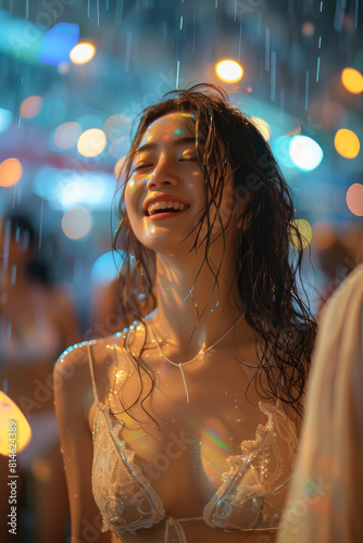 A woman is standing in the rain with her hair wet and smiling