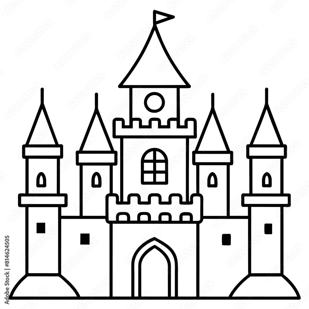 Royal Castle outline coloring book page line art illustration digital drawing